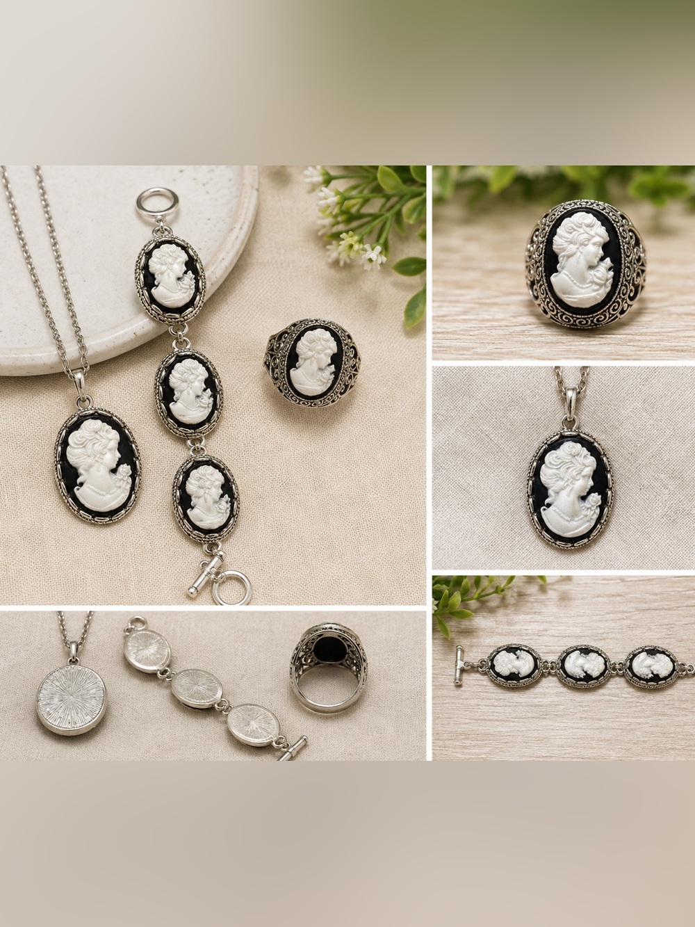 Vintage Style Cameo Jewelry Set Necklace Bracelet & Ring Size 8